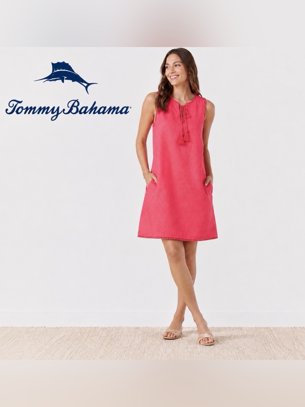 Tommy Bahama Coral Pink Linen Shift Dress Tassel Pom Trim Pockets XS Vacation